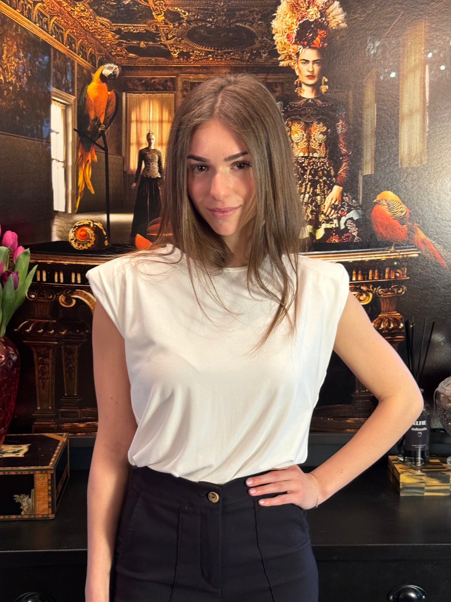 ESTHER White Viscose Jersey T-shirt With Shoulder Padding