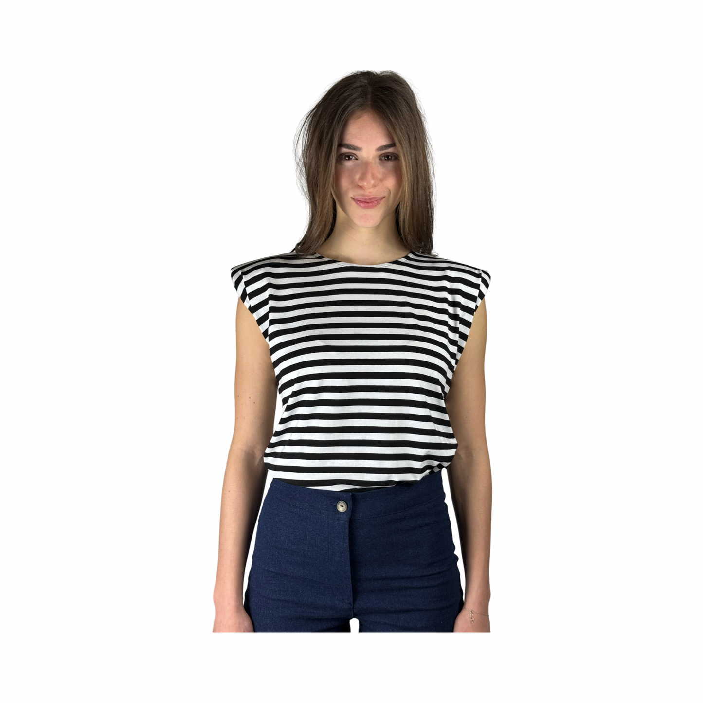 ESTHER Black/White Stripe Viscose T-shirt With Shoulder Padding