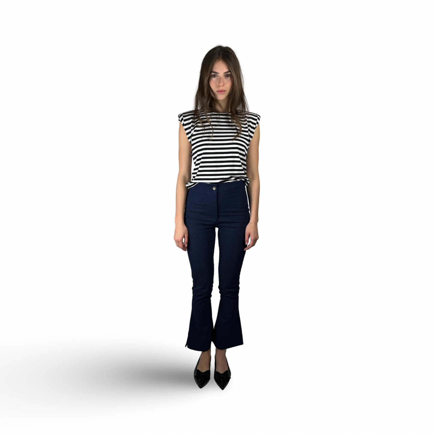ESTHER Black/White Stripe Viscose T-shirt With Shoulder Padding