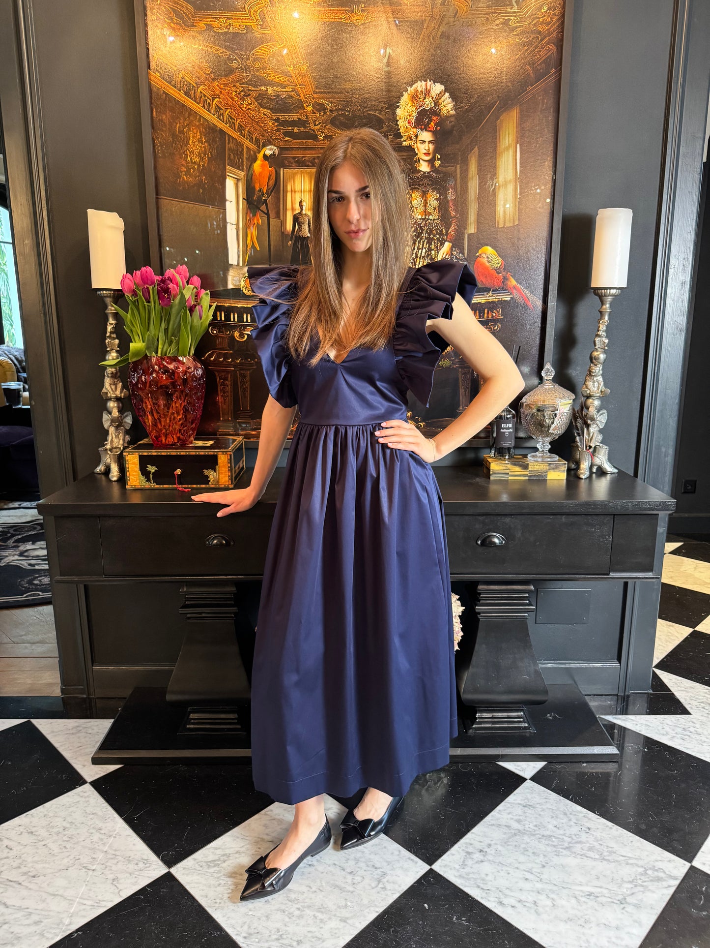 Midi Length Cotton Dress LOUISE Navy